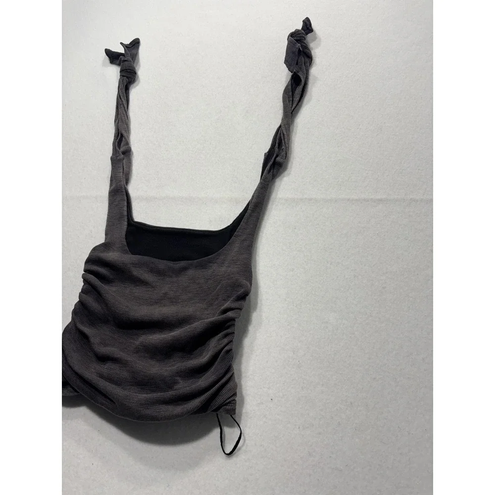Free People Tank Top Womens XS Gray Ruched Tie Strap Cropped Knit Summer Casual